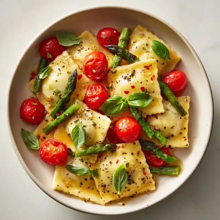 Ravioli with Tomatoes, Asparagus, Garlic, and Herbs Recipe
