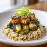 Roasted Brussels Sprouts and Crispy Tofu with Honey-Sesame Glaze Recipe