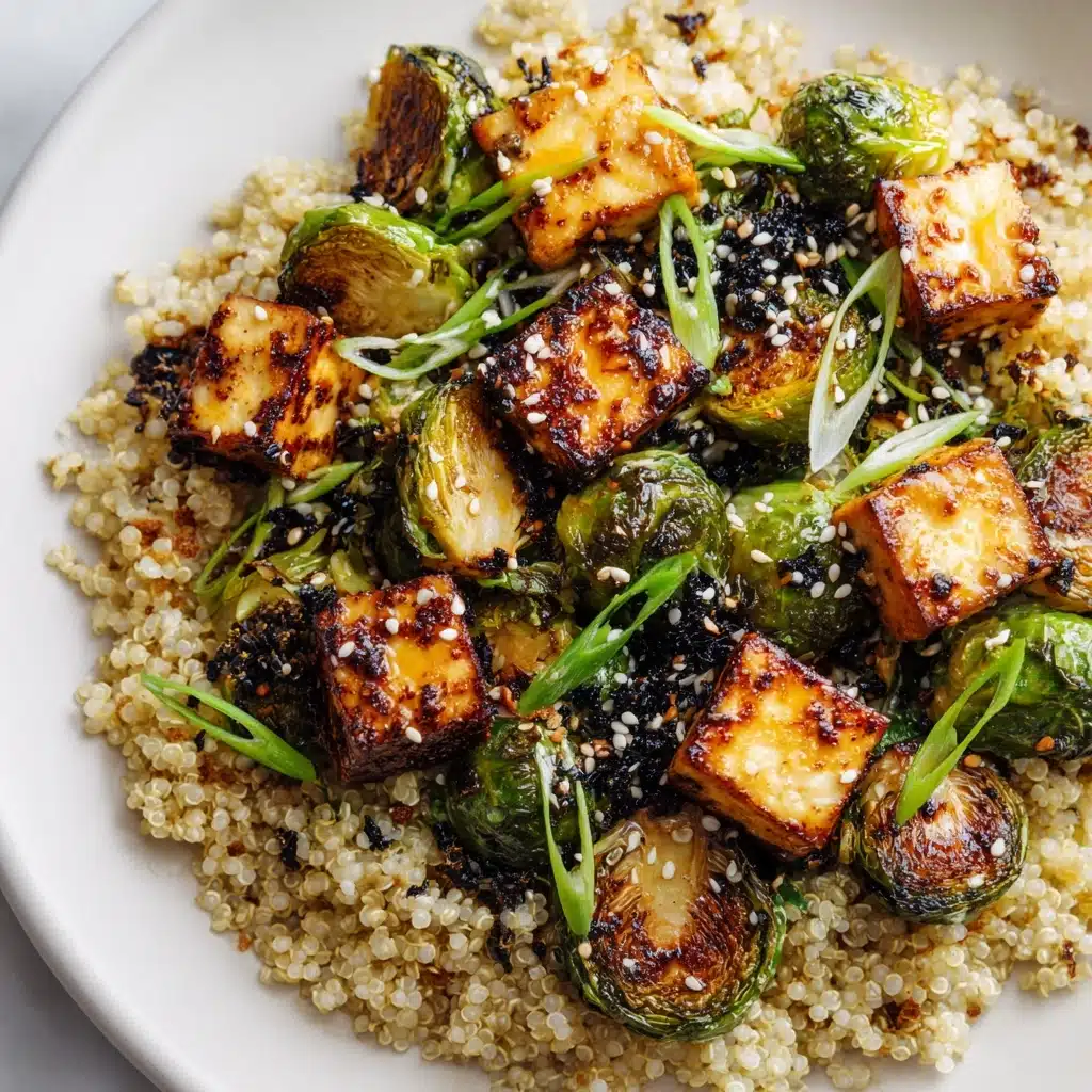 Roasted Brussels Sprouts and Crispy Tofu with Honey-Sesame Glaze Recipe - Recipe Image