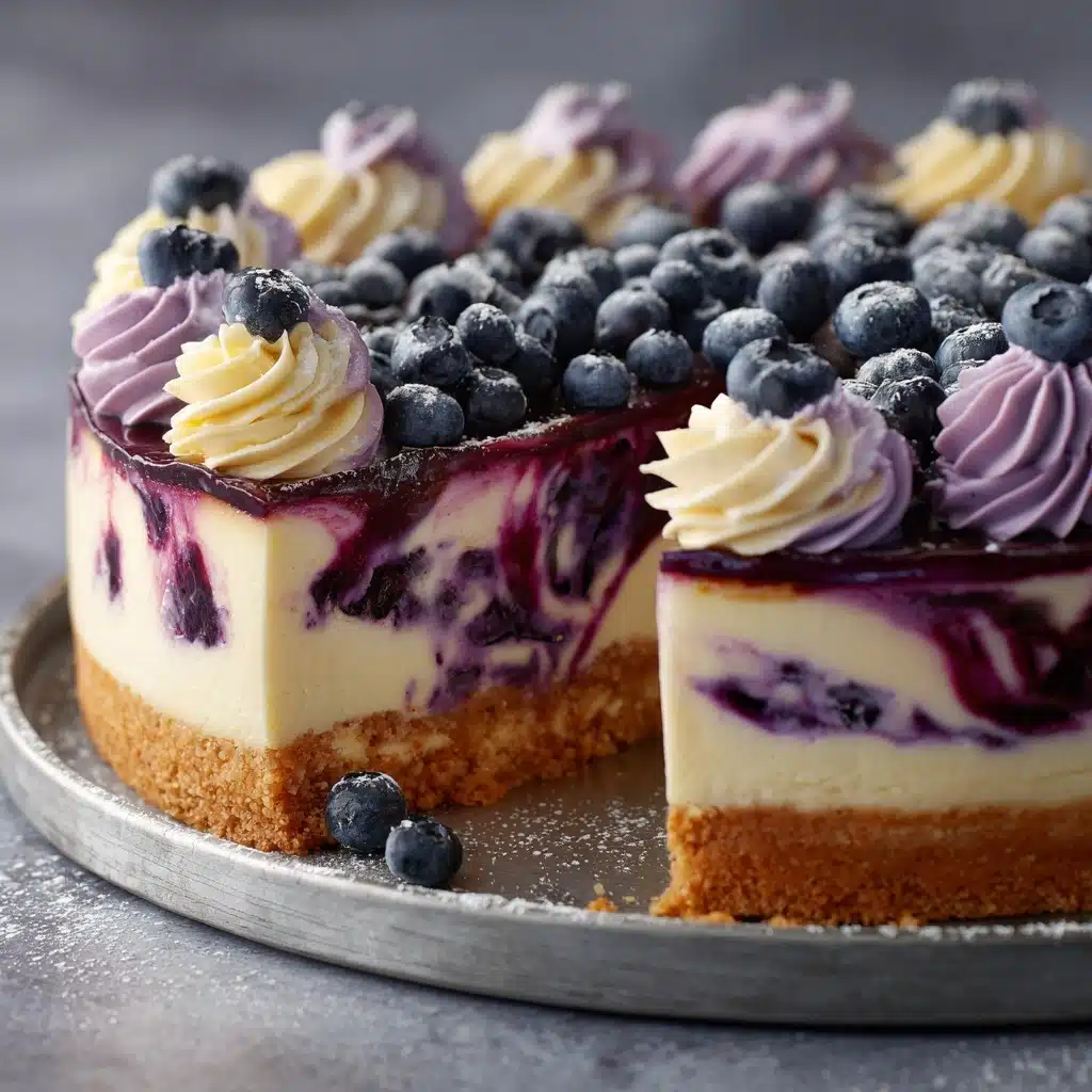 Elegant White Chocolate Blueberry Swirl Cheesecake Recipe - Recipe Image