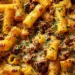 Creamy Cheesy Garlic Butter Rigatoni with Savory Beef Recipe