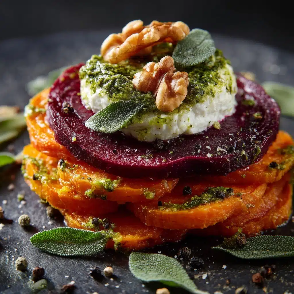 Sweet Potato Rounds with Burrata, Roasted Beets, and Walnut Sage Pesto Recipe - Recipe Image