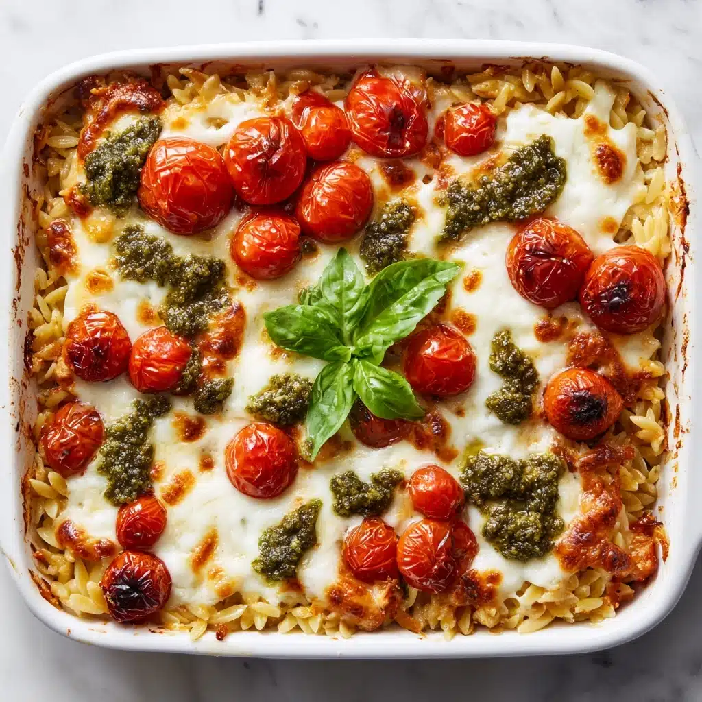 One Pan Caprese Pesto Orzo Bake Recipe - Recipe Image