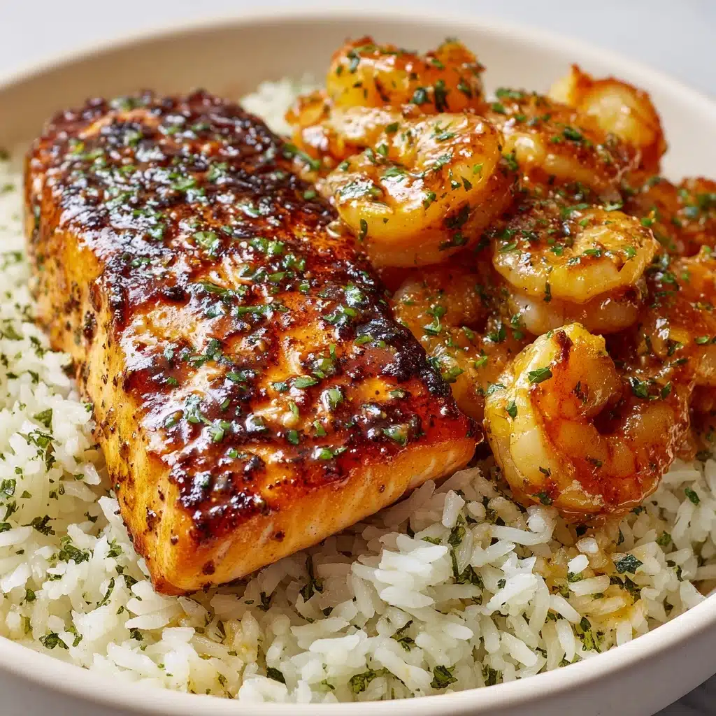 Honey Garlic Salmon & Shrimp over Garlic Butter Rice Recipe - Recipe Image
