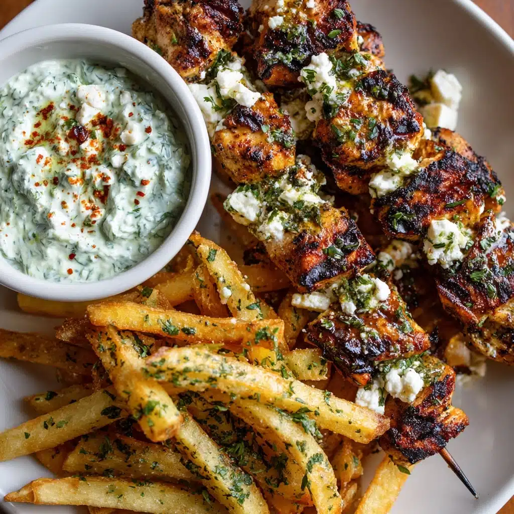 Greek Chicken Skewers with Feta Fries Recipe - Recipe Image