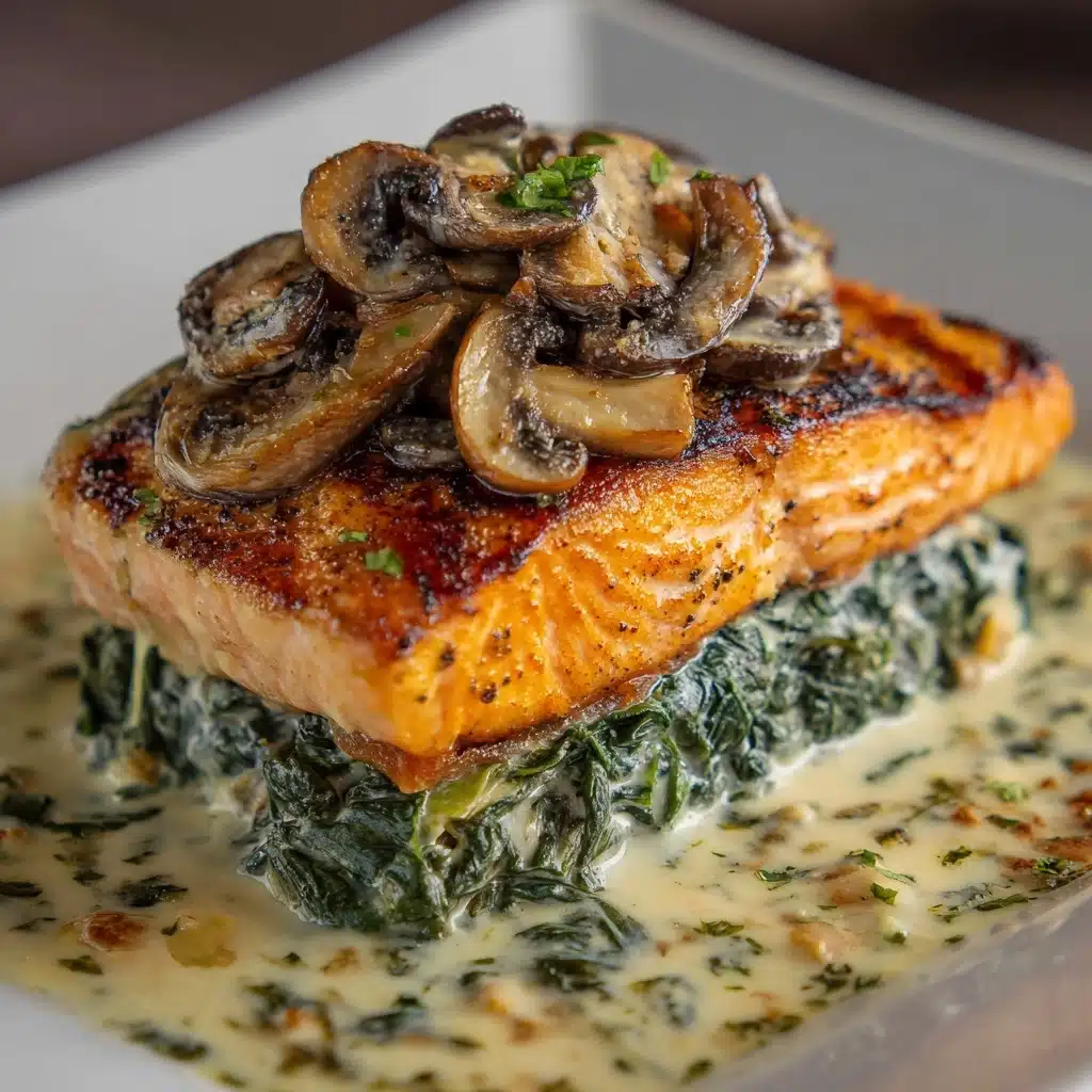 Garlic Butter Salmon with Spinach & Mushrooms in Creamy Sauce Recipe - Recipe Image