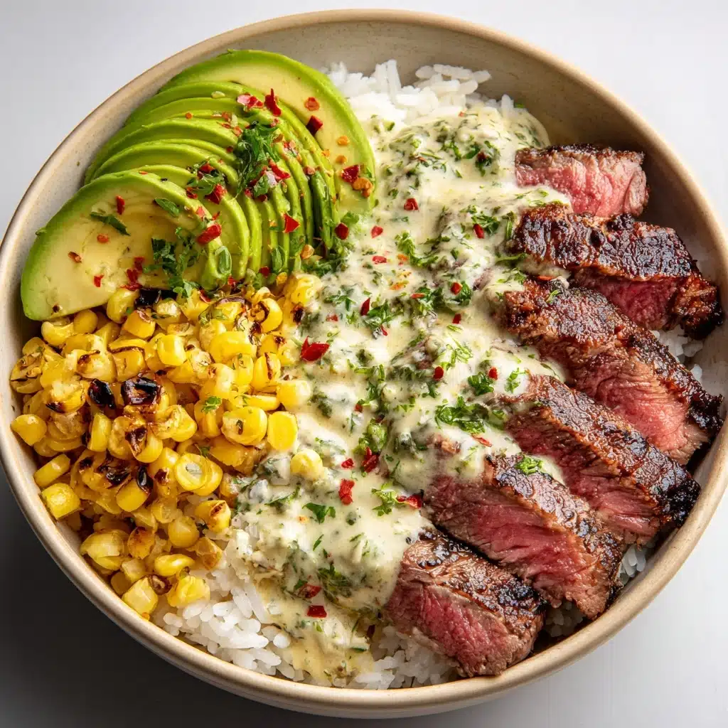 Steak, Avocado & Roasted Corn Bowl with Cilantro Cream Sauce Recipe