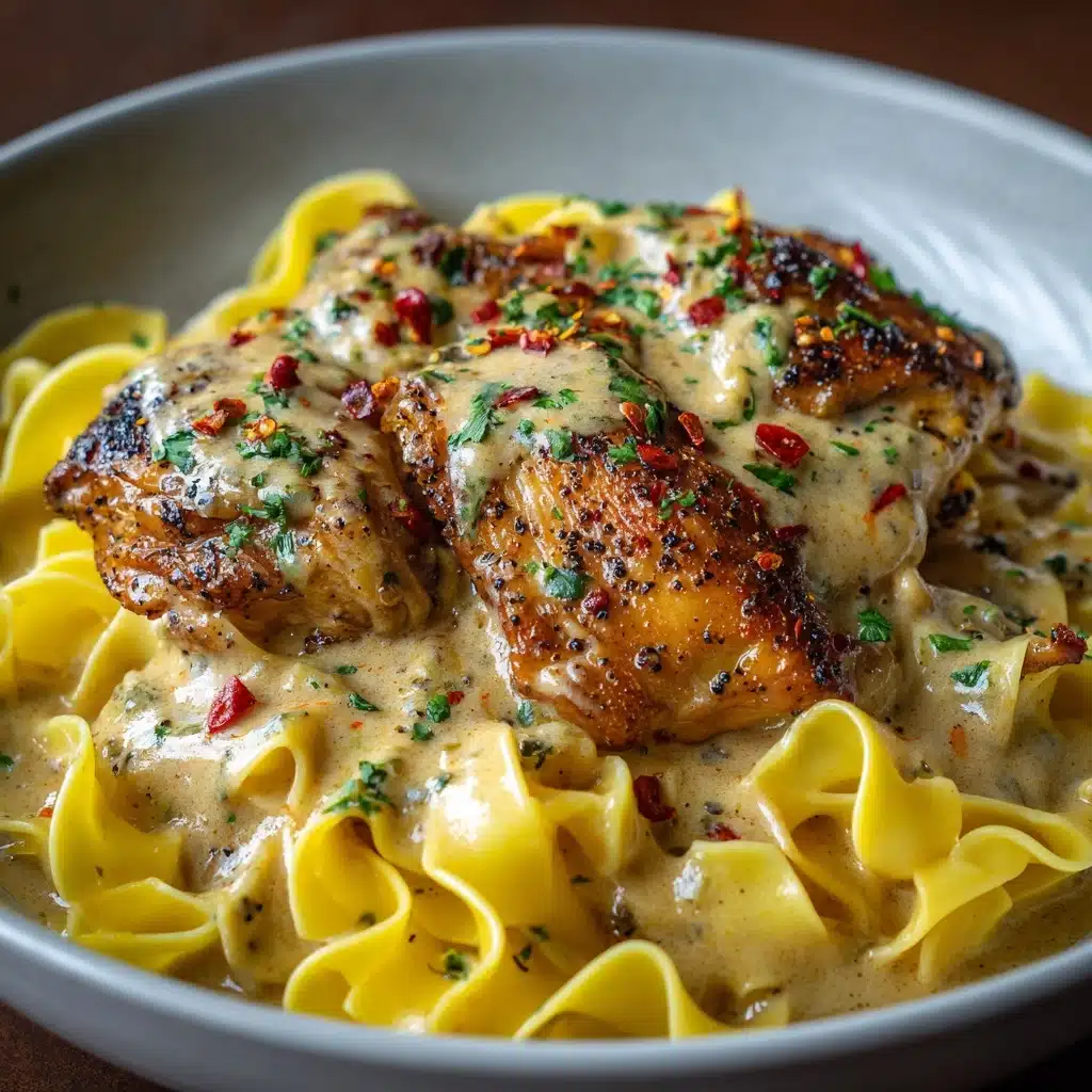 One-Pan Creamy Garlic Butter Chicken with Egg Noodles Recipe - Recipe Image