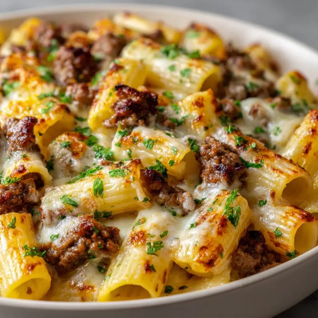 Creamy Cheesy Garlic Butter Rigatoni with Savory Beef Recipe - Recipe Image