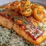 Honey Garlic Salmon & Shrimp over Garlic Butter Rice Recipe
