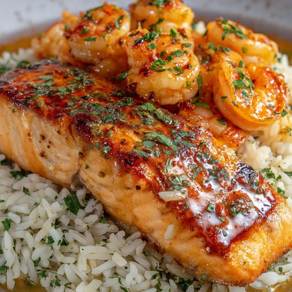Honey Garlic Salmon & Shrimp over Garlic Butter Rice Recipe - Recipe Image