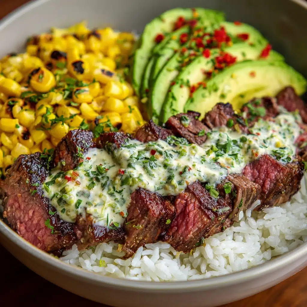 Steak, Avocado & Roasted Corn Bowl with Cilantro Cream Sauce Recipe - Recipe Image