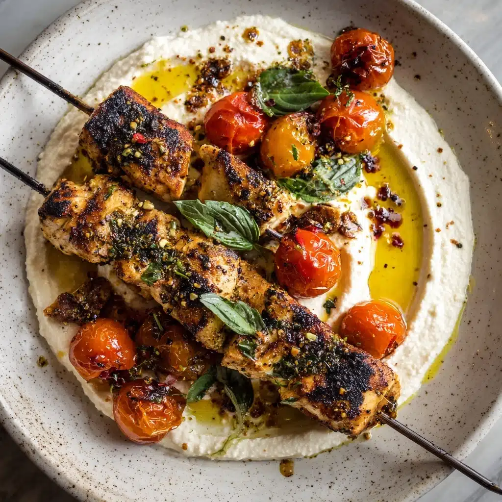 Basil and Garlic Grilled Chicken Skewers with Garlicky Whipped Ricotta Recipe - Recipe Image