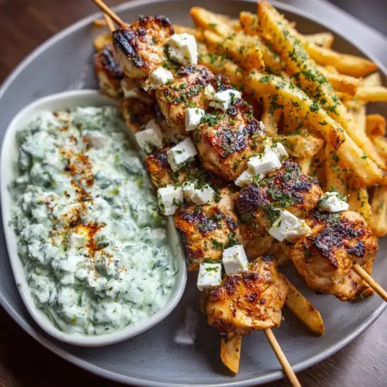 Greek Chicken Skewers with Feta Fries Recipe
