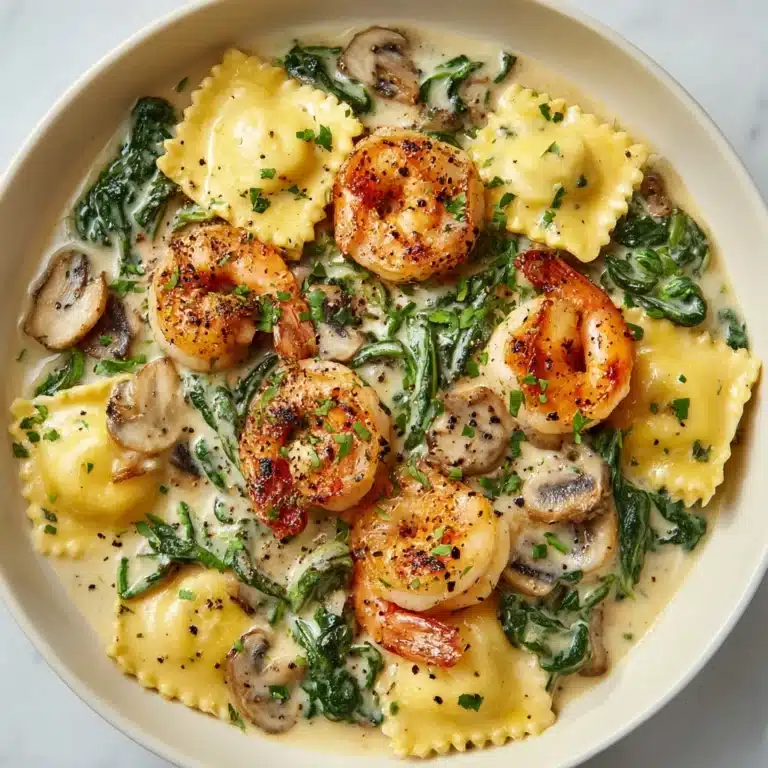 Ravioli with Seafood, Spinach & Mushrooms in Garlic Cream Sauce Recipe