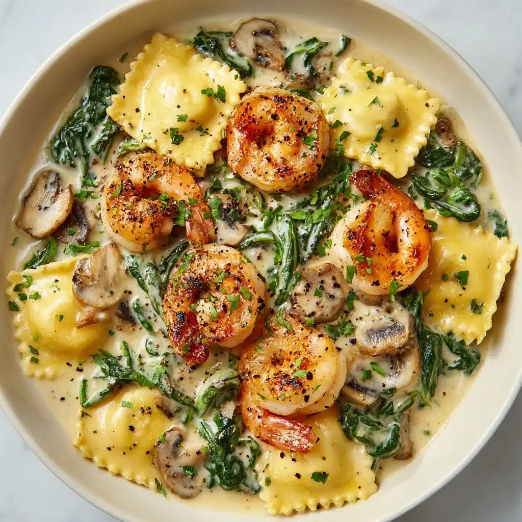 Ravioli with Seafood, Spinach & Mushrooms in Garlic Cream Sauce Recipe