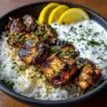 Greek Chicken Skewers with Lemon Rice Recipe