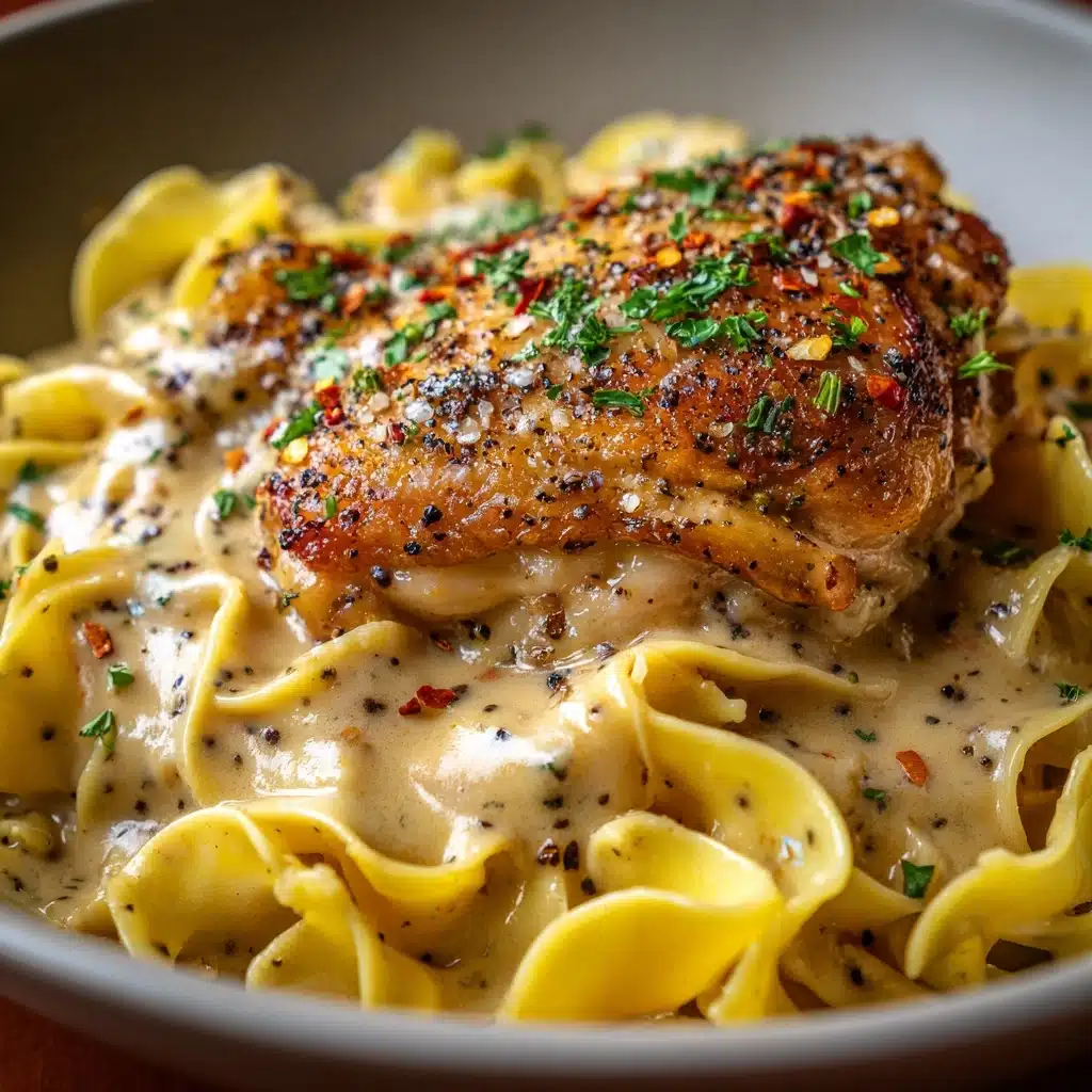 One-Pan Creamy Garlic Butter Chicken with Egg Noodles Recipe - Recipe Image