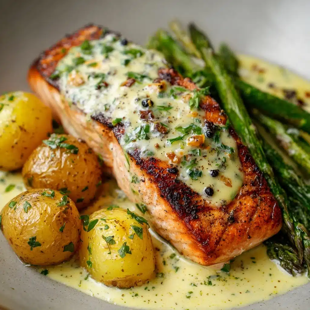 Spiced Salmon with Cheesy Asparagus & Garlic Herb Potatoes Recipe