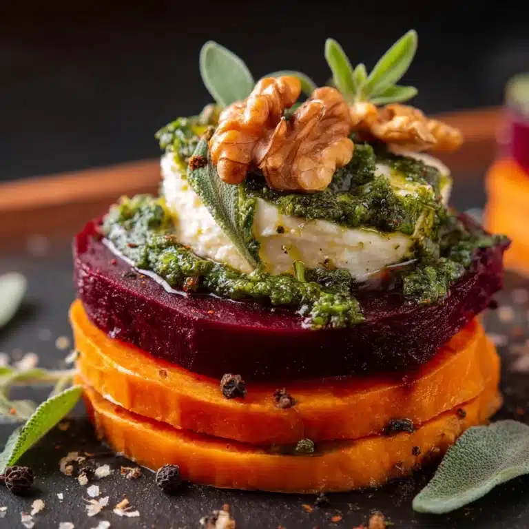 Sweet Potato Rounds with Burrata, Roasted Beets, and Walnut Sage Pesto Recipe
