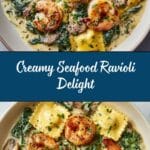 Ravioli with Seafood, Spinach & Mushrooms in Garlic Cream Sauce Recipe