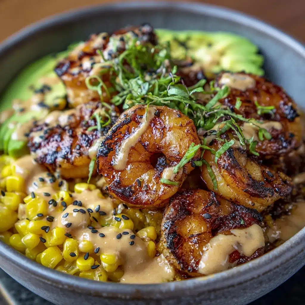 Grilled Shrimp Bowl with Avocado, Corn Salsa & Creamy Sauce Recipe - Recipe Image