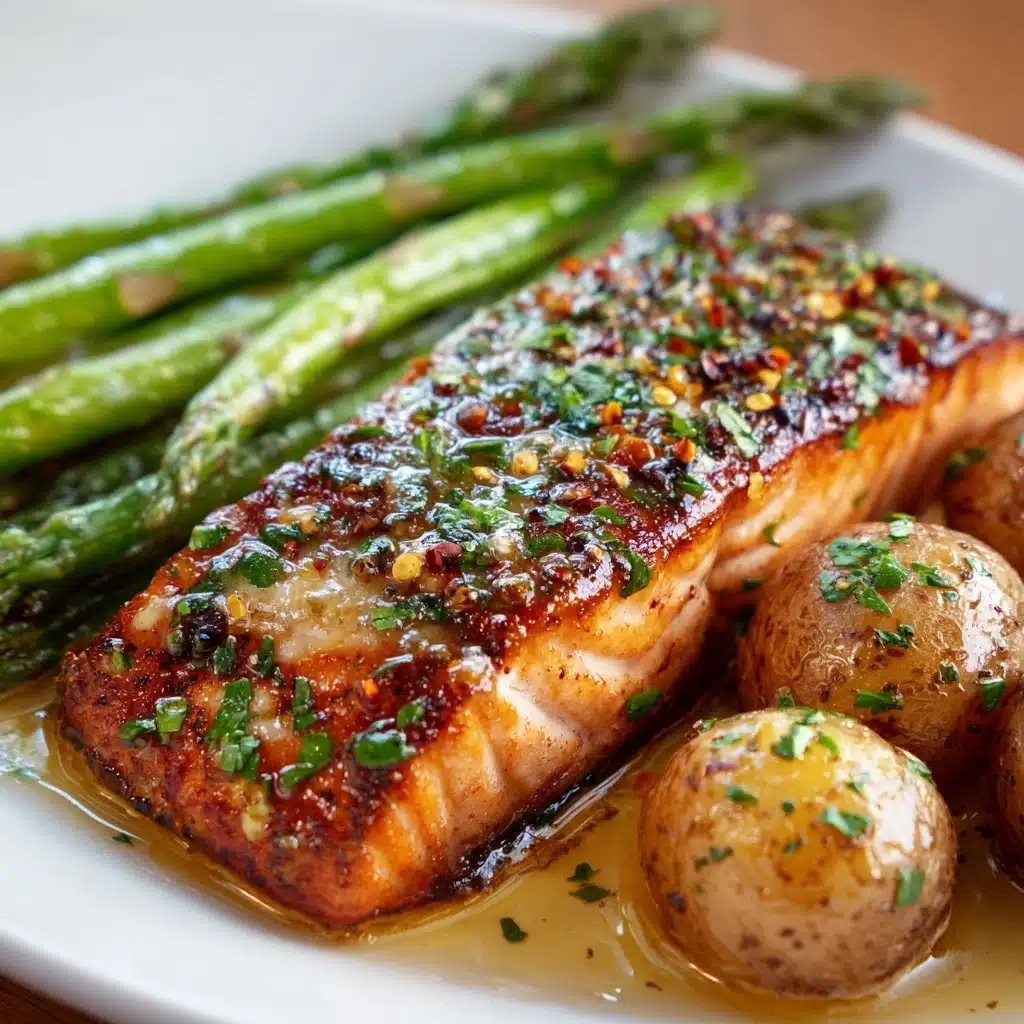 Spiced Salmon with Cheesy Asparagus & Garlic Herb Potatoes Recipe