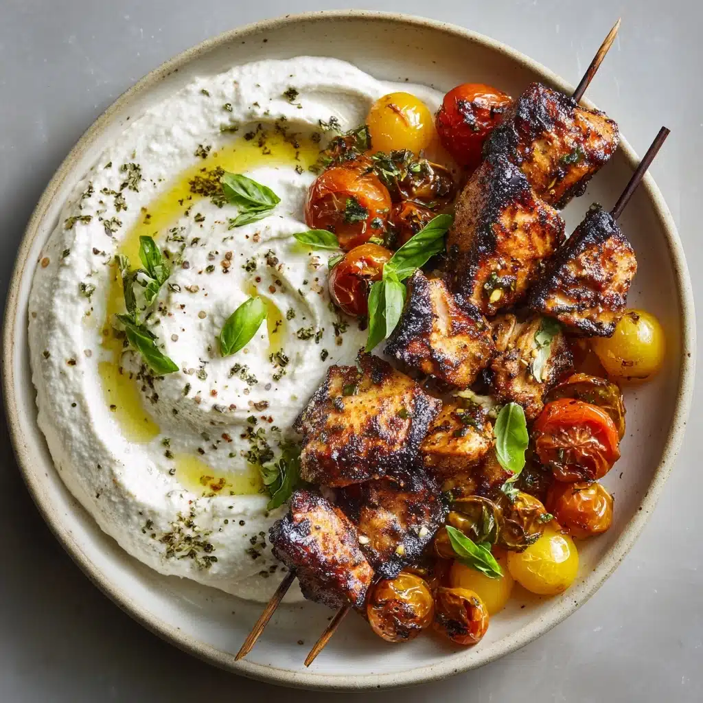 Basil and Garlic Grilled Chicken Skewers with Garlicky Whipped Ricotta Recipe - Recipe Image