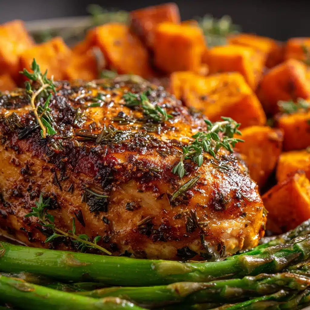 Garlic Herb Chicken with Roasted Sweet Potato & Asparagus Recipe - Recipe Image