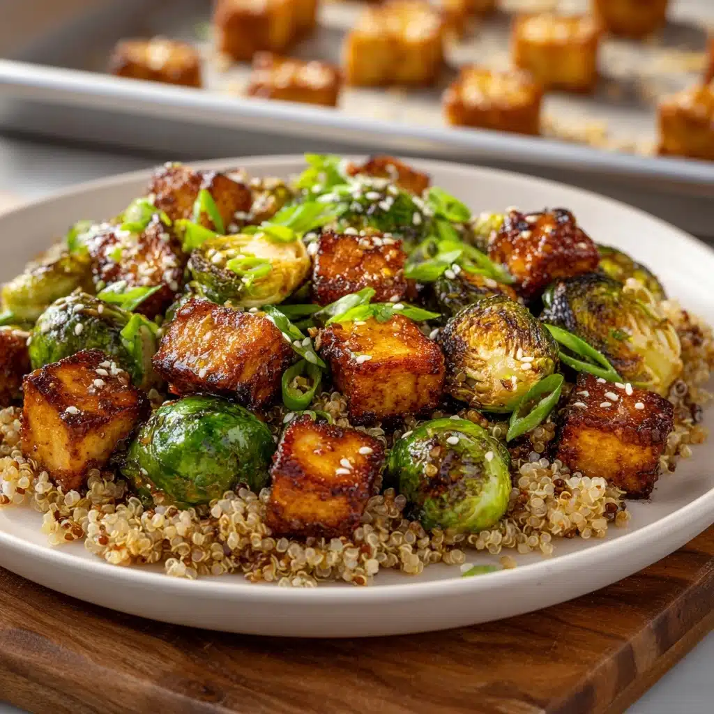 Roasted Brussels Sprouts and Crispy Tofu with Honey-Sesame Glaze Recipe - Recipe Image