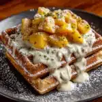 Churro Waffles with Peaches & Cream Sauce Recipe