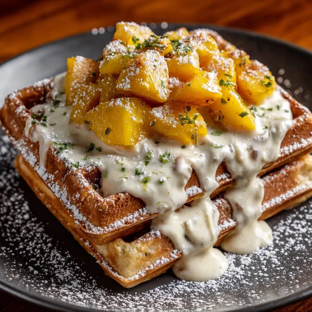 Churro Waffles with Peaches & Cream Sauce Recipe - Recipe Image