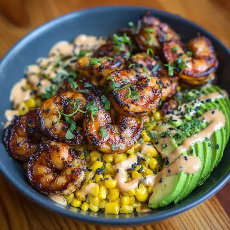 Grilled Shrimp Bowl with Avocado, Corn Salsa & Creamy Sauce Recipe