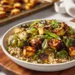 Roasted Brussels Sprouts and Crispy Tofu with Honey-Sesame Glaze Recipe