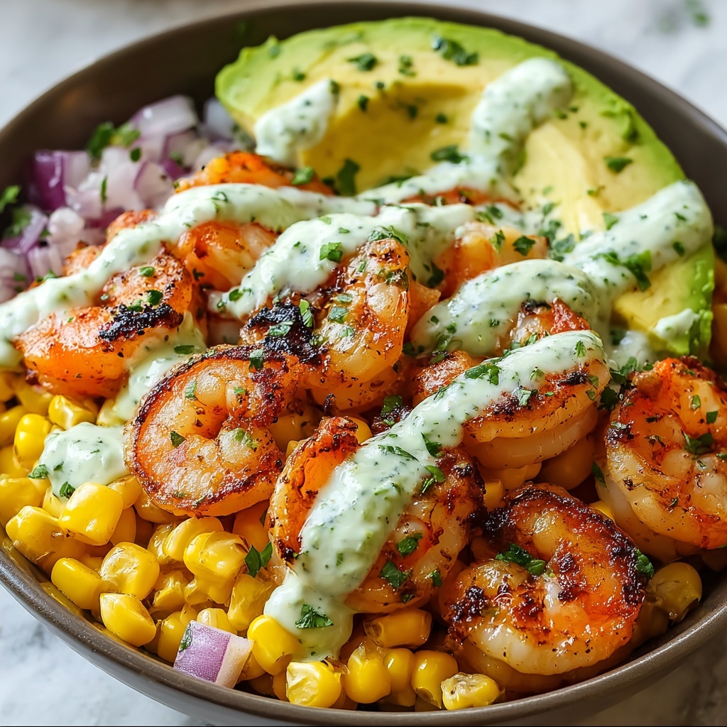 Grilled Shrimp Bowl with Avocado Corn Salsa and Creamy Sauce Recipe - Recipe Image
