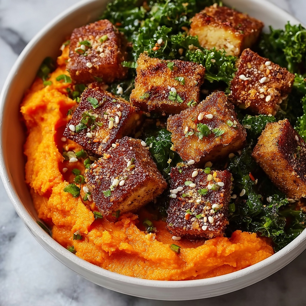 Maple Miso Whipped Sweet Potatoes with Cornmeal-Crusted Tofu Nuggets Recipe - Recipe Image