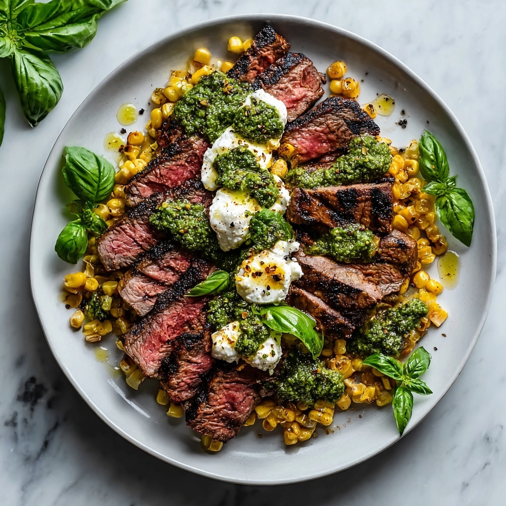 Grilled Flank Steak with Arugula Pesto, Burrata & Grilled Corn Recipe - Recipe Image