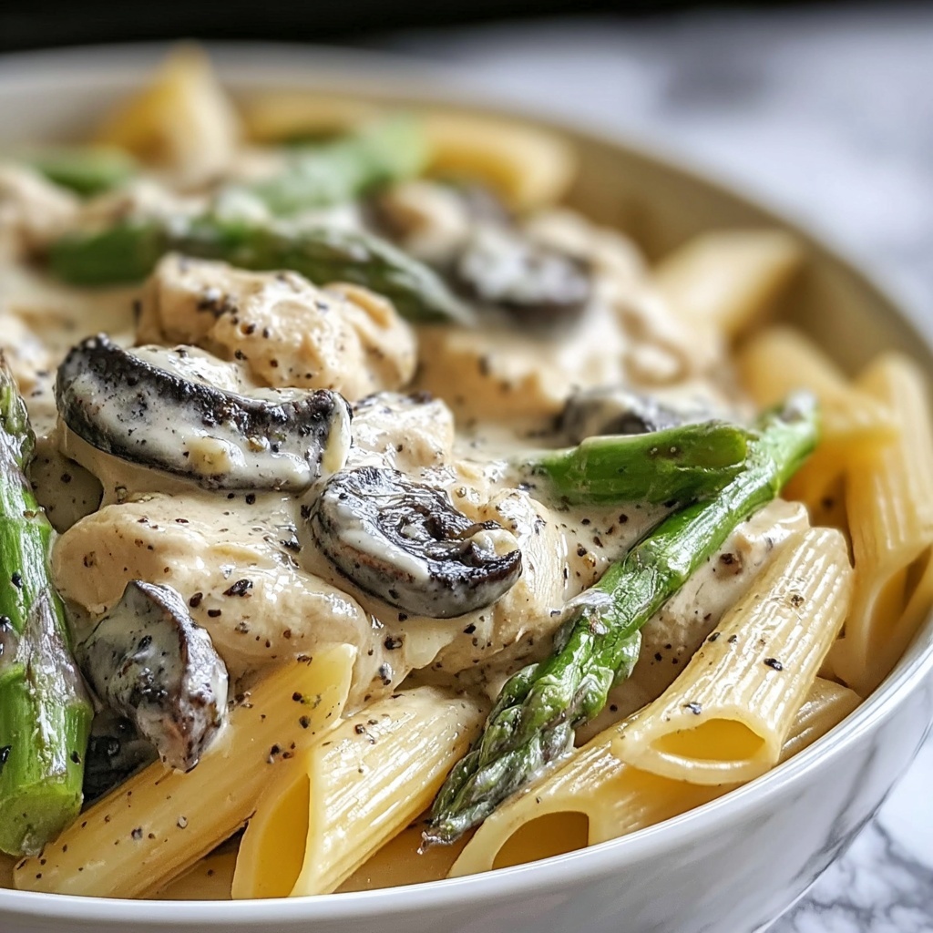 Creamy Mushroom and Asparagus Chicken Penne Recipe - Recipe Image