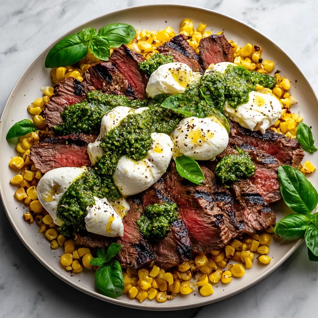 Grilled Flank Steak with Arugula Pesto, Burrata & Grilled Corn Recipe - Recipe Image