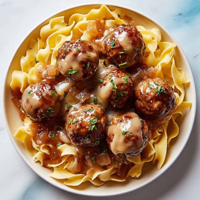Saucy Skillet French Onion Meatballs with Egg Noodles Recipe