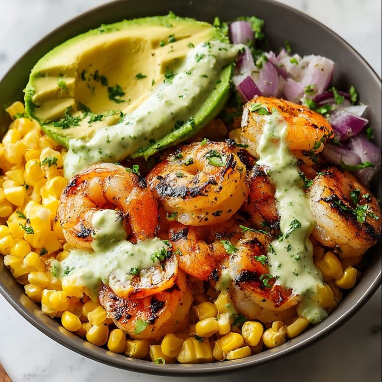 Grilled Shrimp Bowl with Avocado Corn Salsa and Creamy Sauce Recipe