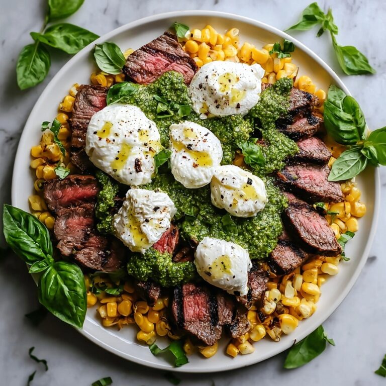 Grilled Flank Steak with Arugula Pesto, Burrata & Grilled Corn Recipe