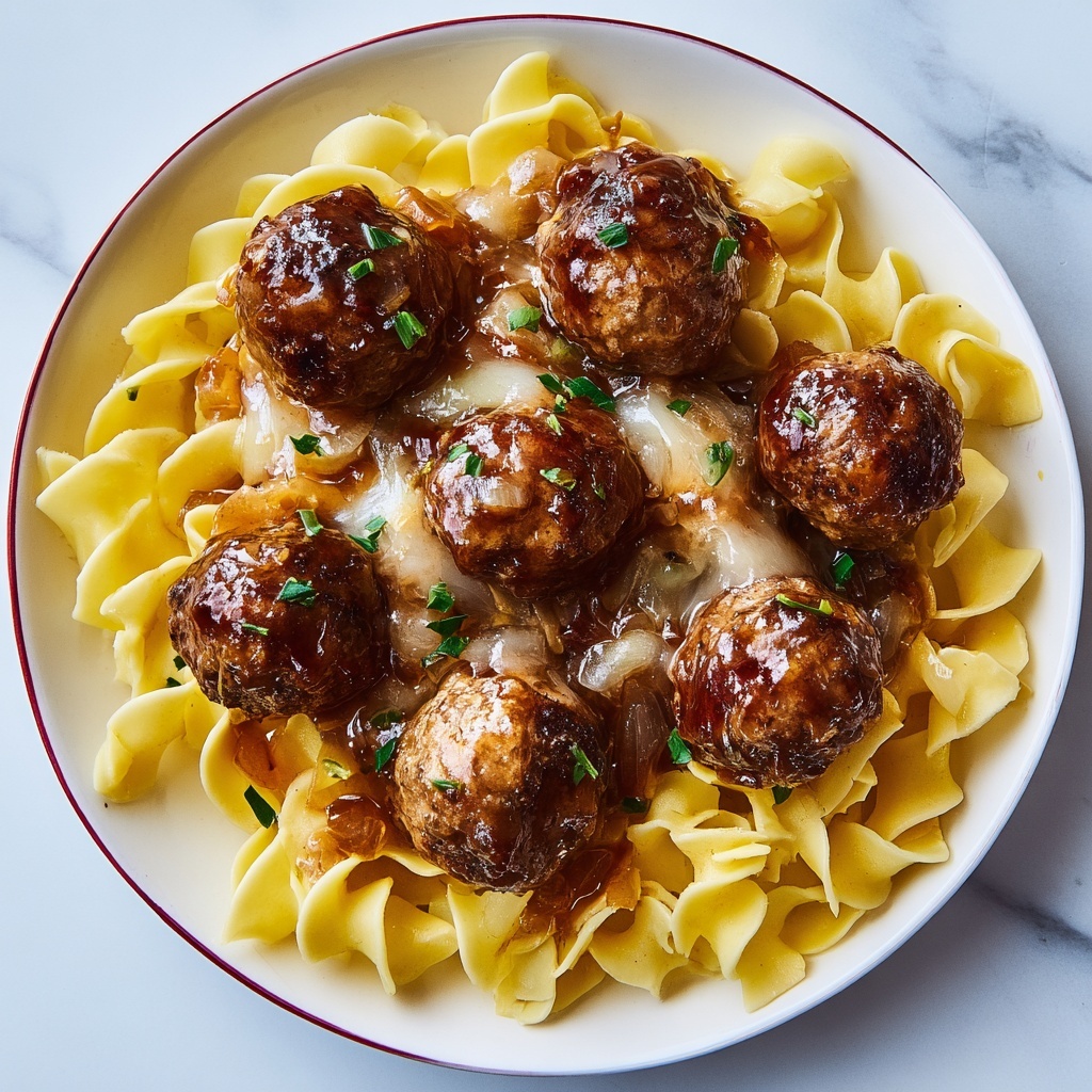 Saucy Skillet French Onion Meatballs with Egg Noodles Recipe - Recipe Image