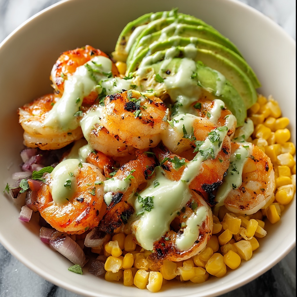Grilled Shrimp Bowl with Avocado Corn Salsa and Creamy Sauce Recipe - Recipe Image