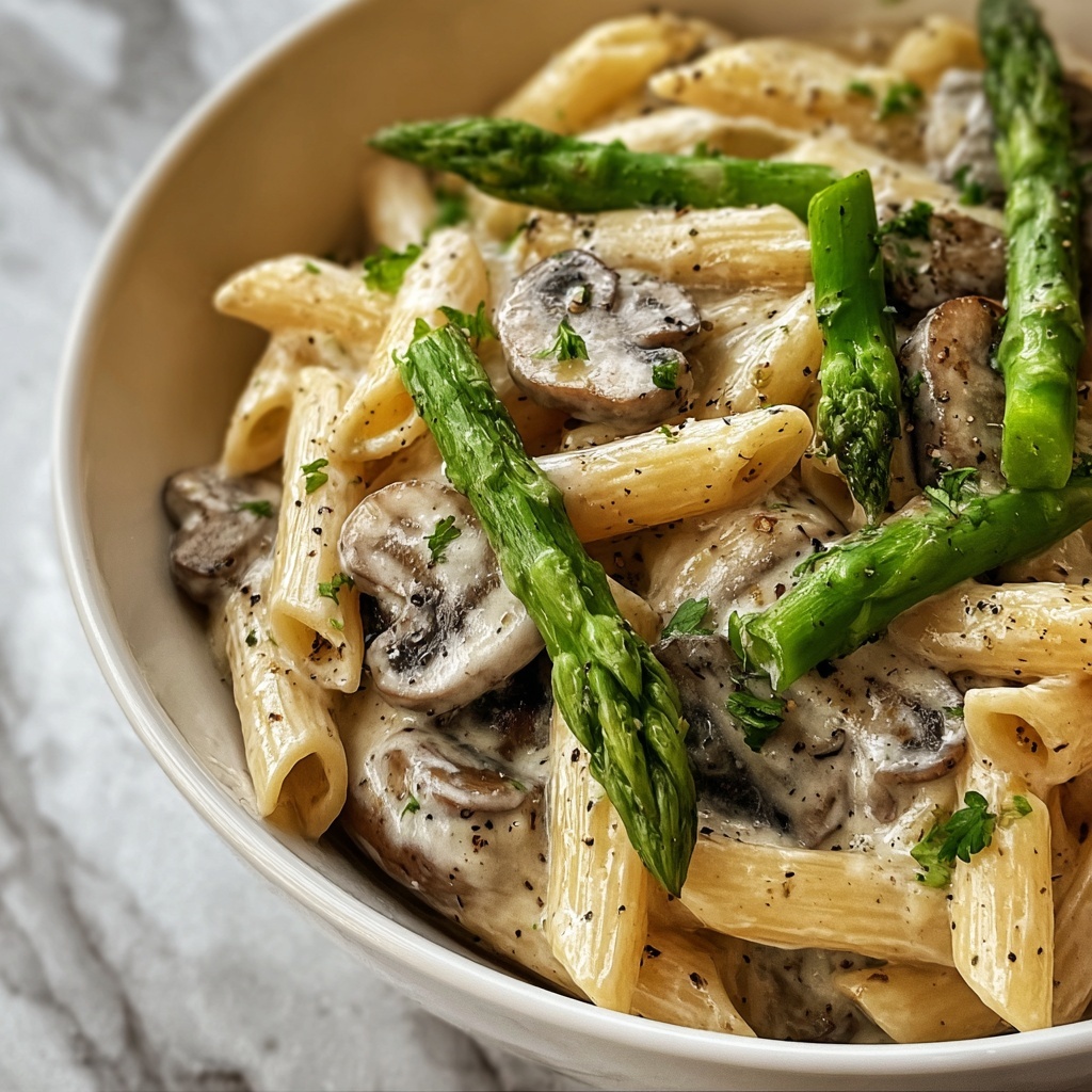 Creamy Mushroom and Asparagus Chicken Penne Recipe - Recipe Image