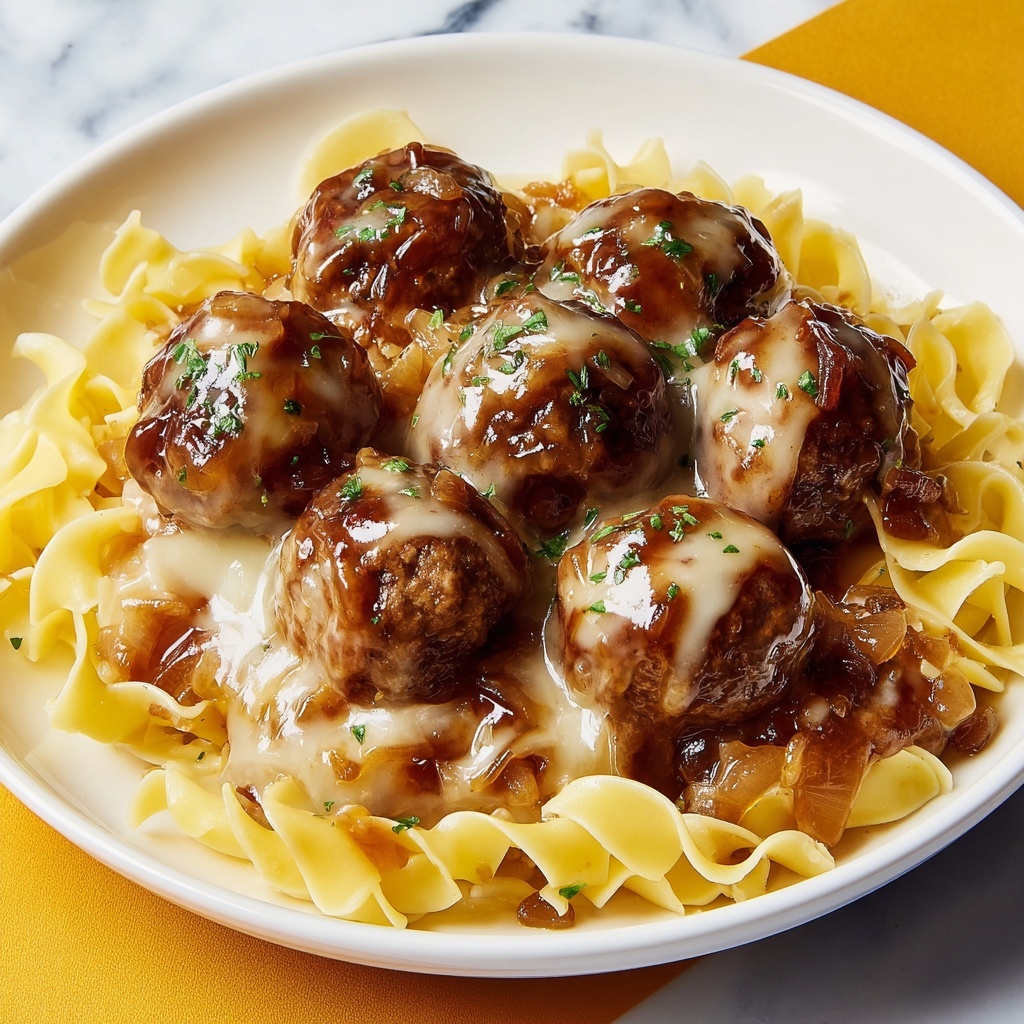 Saucy Skillet French Onion Meatballs with Egg Noodles Recipe - Recipe Image