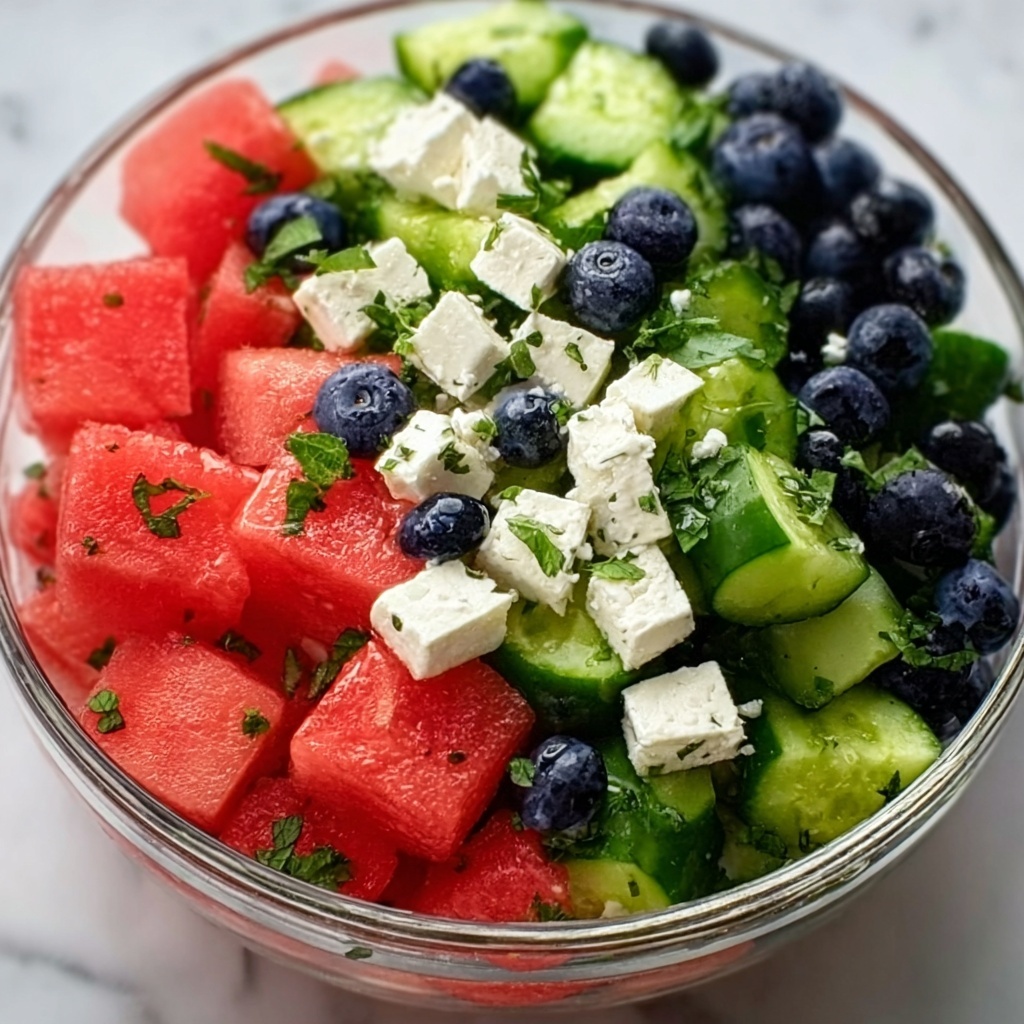 Watermelon Feta Salad with Cucumber and Blueberries Recipe - Recipe Image