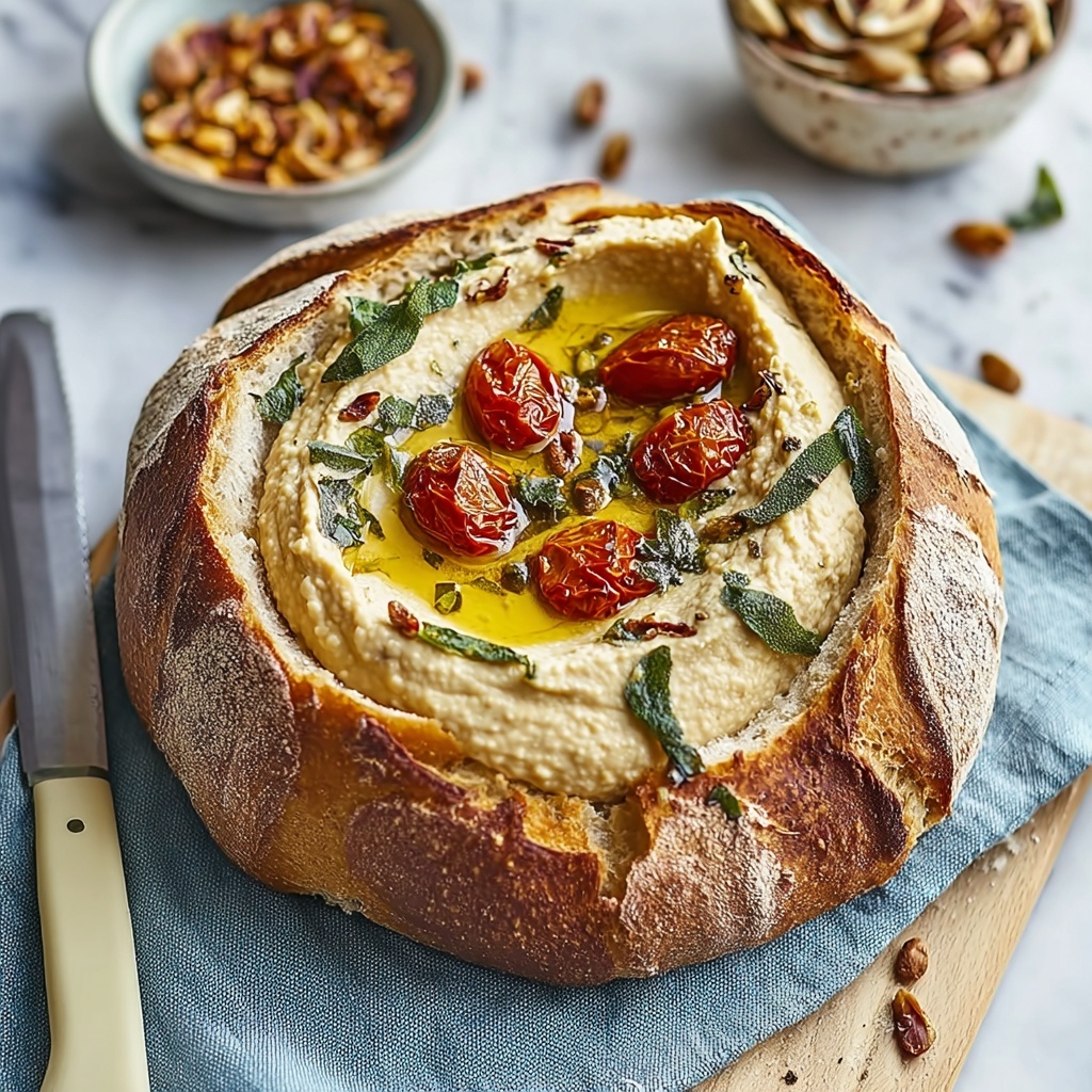 Delicious Hummus Homemade Bread with Pumpkin Seeds Recipe - Recipe Image