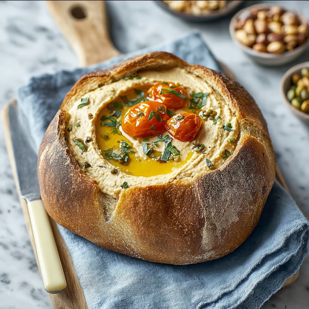 Delicious Hummus Homemade Bread with Pumpkin Seeds Recipe - Recipe Image
