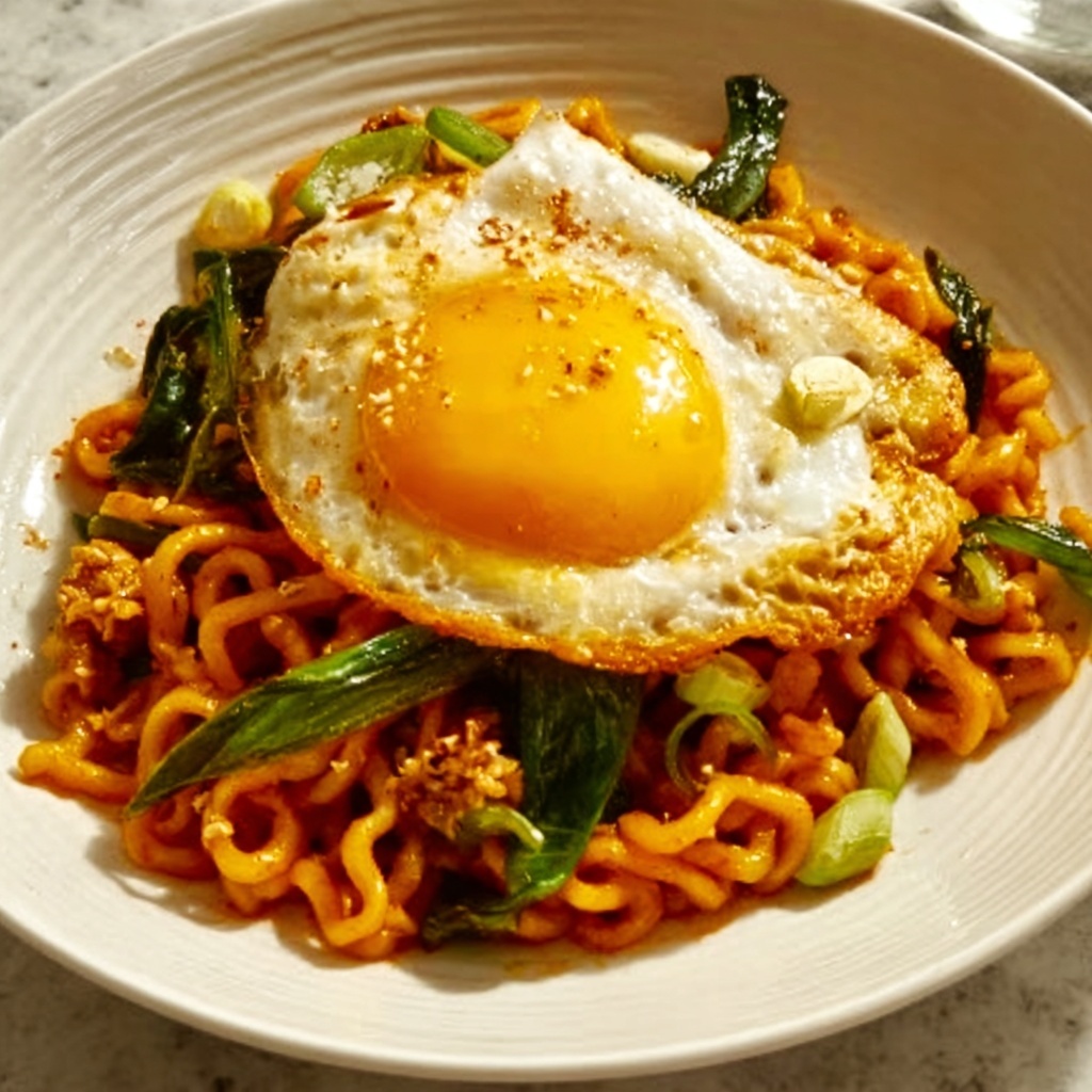 Creamy Buldak Ramen with Poached Eggs Recipe - Recipe Image
